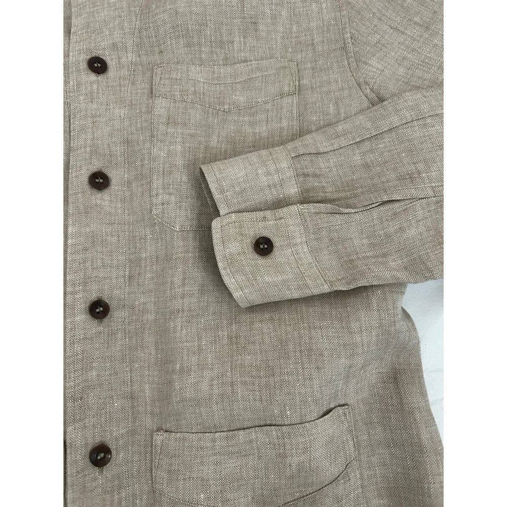 Banana Republic Mens Linen Herringbone Chore Shirt Jacket Beige Utility Sz M